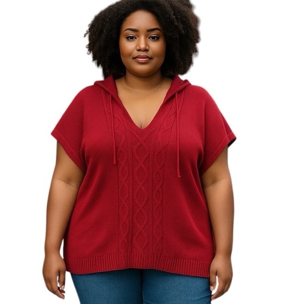 NWT Lane Bryant 26/28 W Red Short Sleeve Hooded Cable Knit Sweater Plus Size